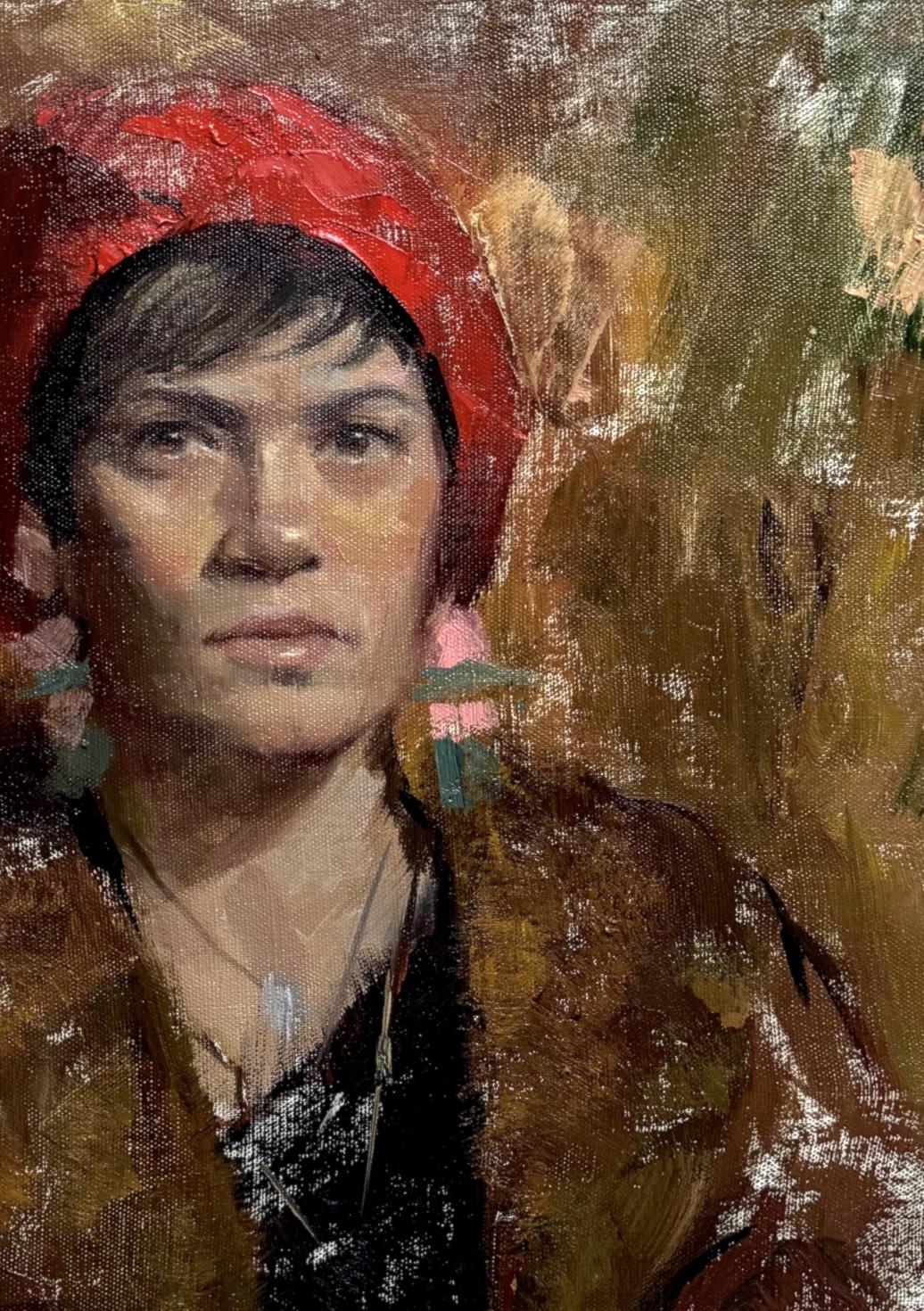 Oil painting of Kinga by Annam Butt in red headscarf and brown outerwear