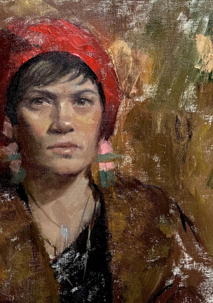 Oil painting of Kinga by Annam Butt in red headscarf and brown outerwear