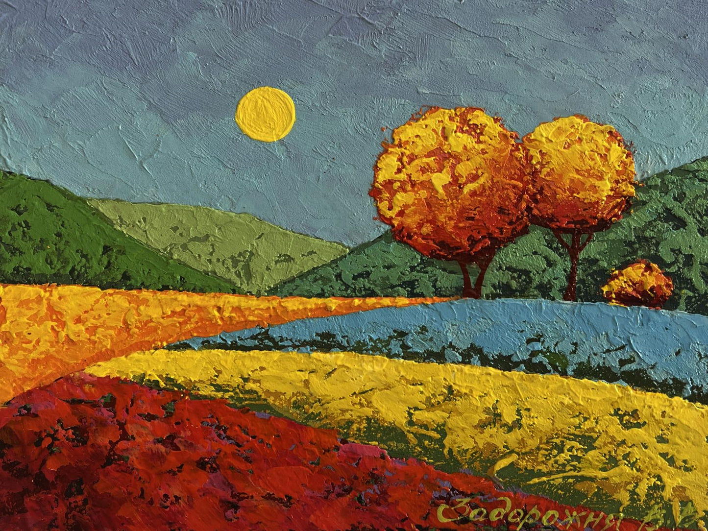 Oil painting Autumn evenings in the meadows V. Zadorozhnya vibrant landscape
