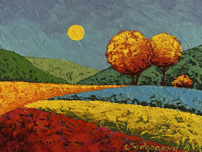 Oil painting Autumn evenings in the meadows V. Zadorozhnya vibrant landscape