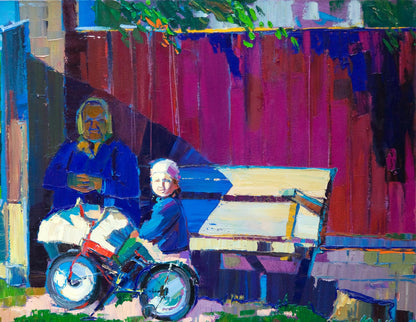 Oil painting Visiting the village by Natalia Korf-Ivaniuk: elderly woman and child on colorful tricycle against purple red fence