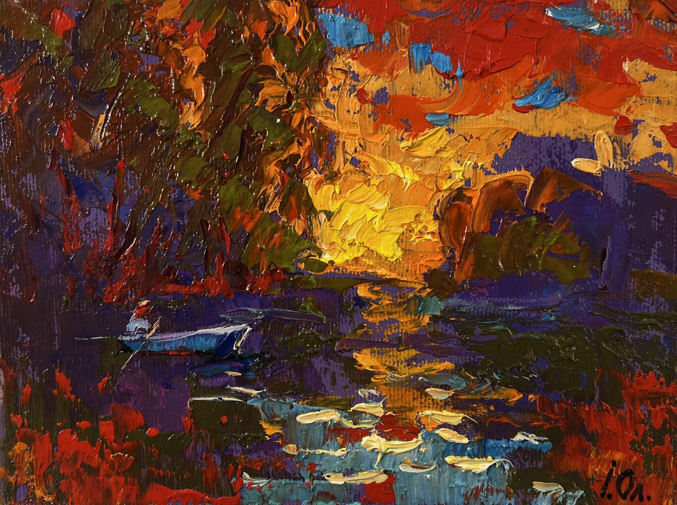 Oil painting Crimson sunset over the river by Oleksiy Ivanyuk with blue rowboat