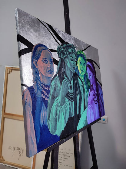 Oil painting portrait of different girls by Oksana Sklym, vibrant abstract women