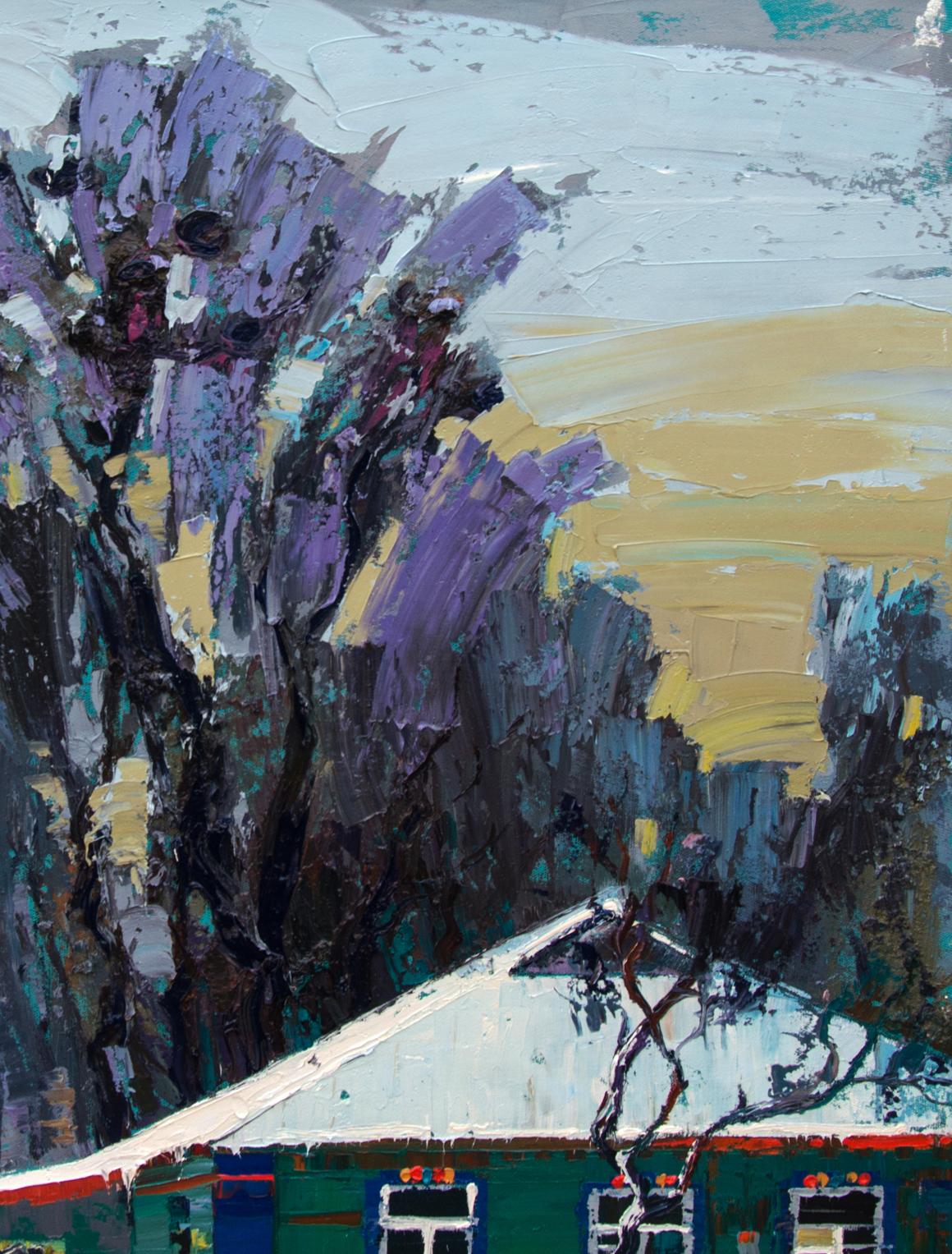 Oil painting of snow-covered gates by Natalia Korf-Ivaniuk