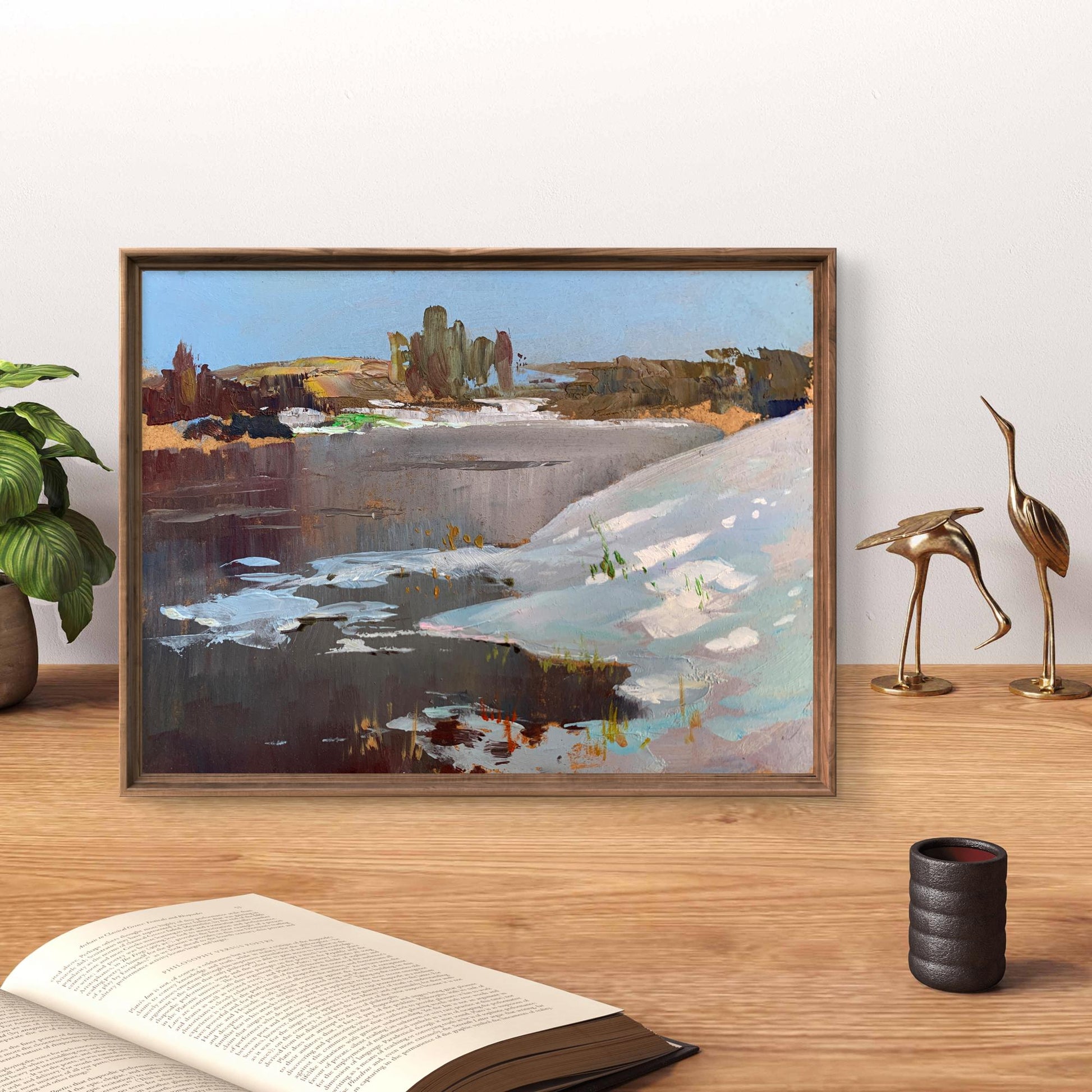 Oil painting Thawed River by Yuriy Suprunchuk with reflective water and trees