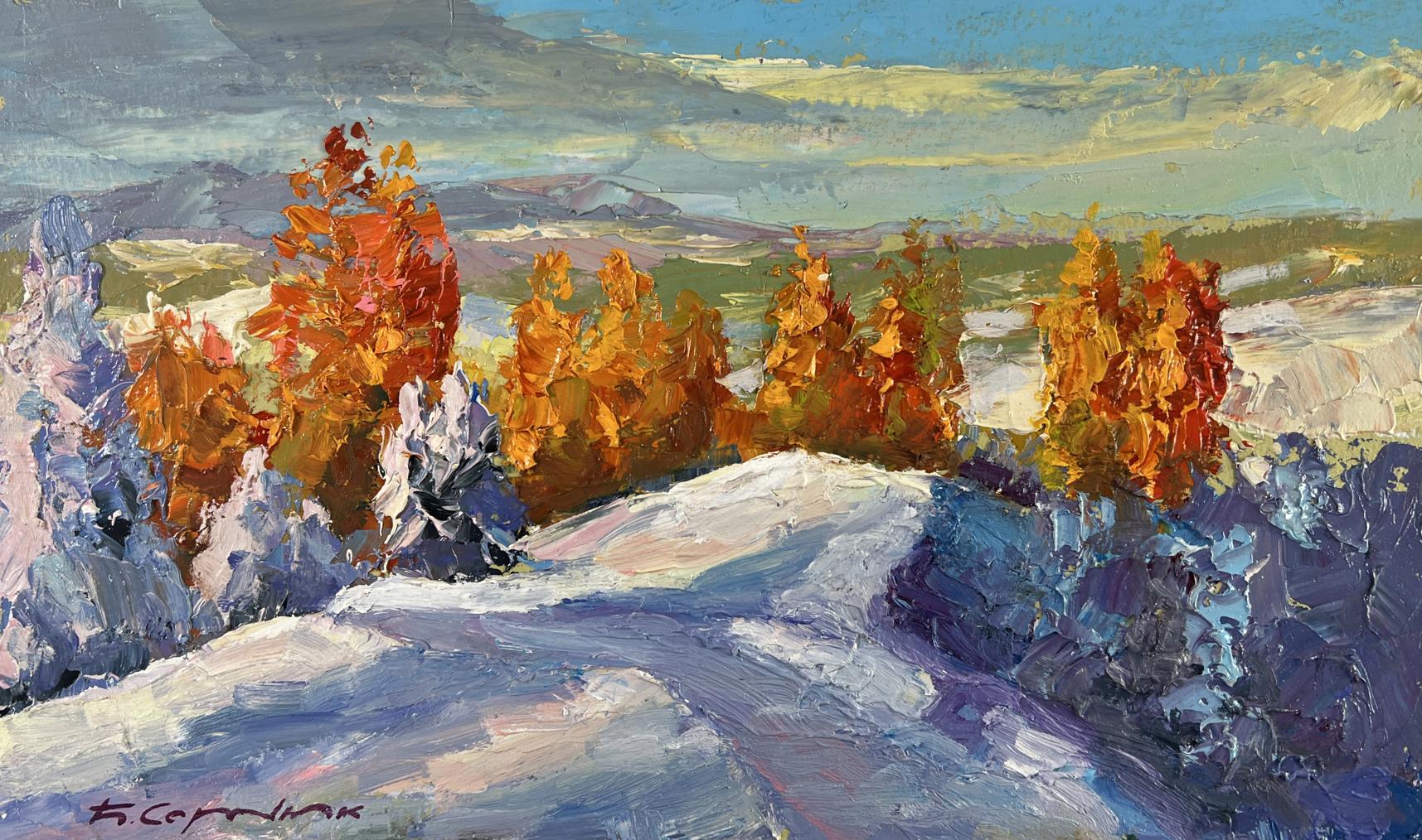 Oil painting The silence of winter by Boris Serdyuk: fiery autumn trees on snowy hill