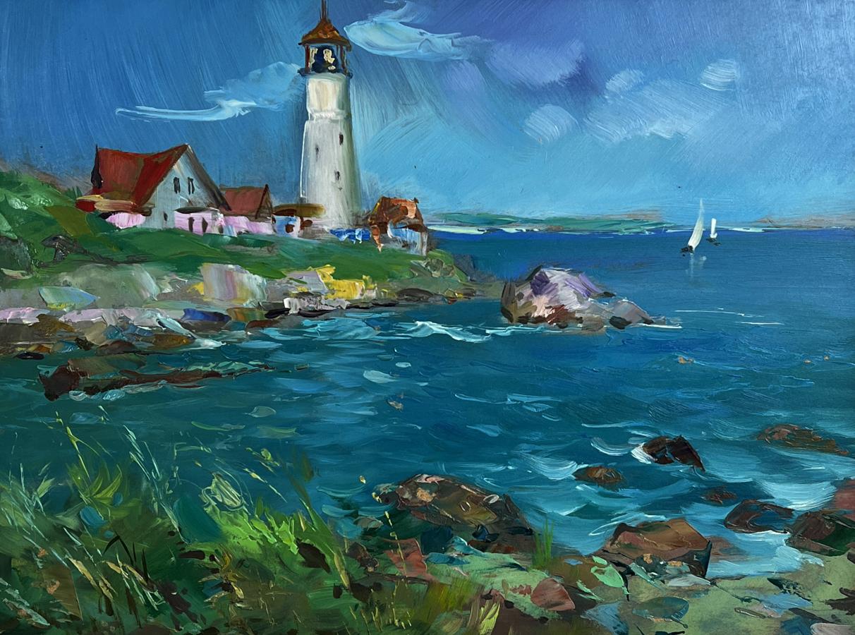 Oil painting of white lighthouse with red roof by Yuriy Suprunchuk