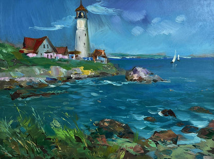 Oil painting of white lighthouse with red roof by Yuriy Suprunchuk