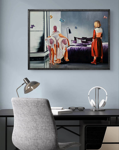Framed oil painting The hostess came home by Igor Konovalov with bedroom butterflies