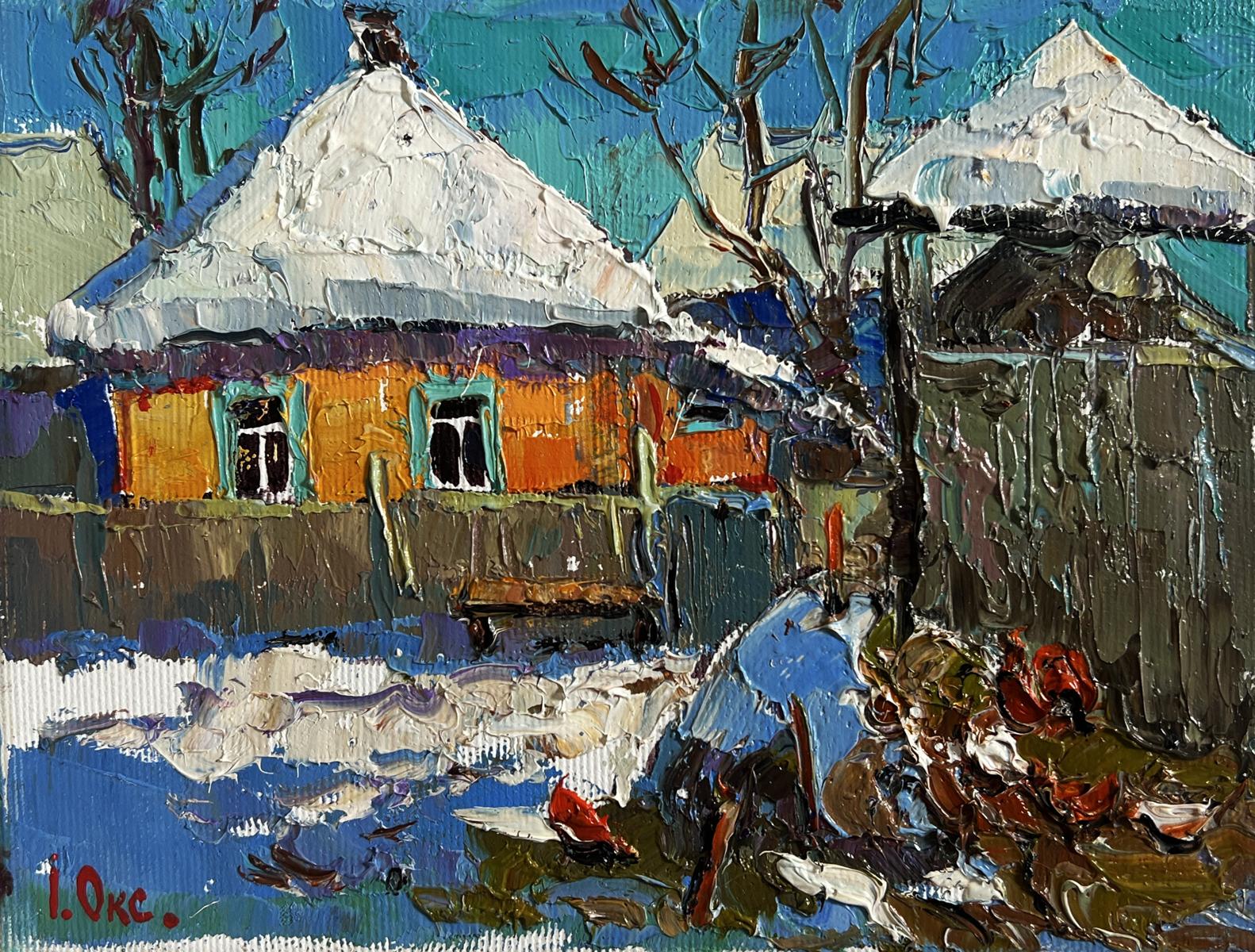 Oil painting Frosty morning in the village by Oksana Ivanyuk: orange house with snow-covered roof and teal window frames
