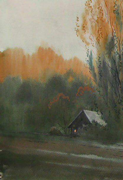 Watercolor painting of Valery Savenets evening cabin among autumn trees