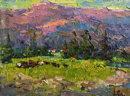 Vibrant impressionist oil painting by Oleksiy Ivanyuk of sunlit mountains