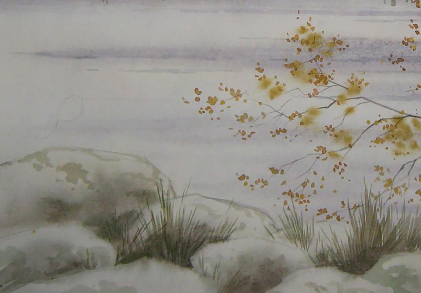 Watercolor winter forest painting by Valery Savenets: golden branch over snow