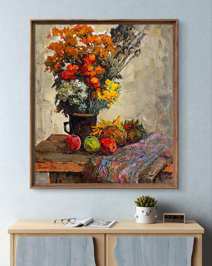 Oil painting of vibrant orange yellow floral arrangement in dark vase by Oksana Ivanyuk