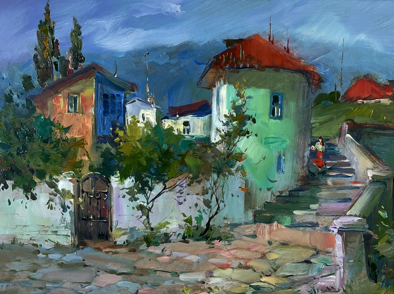 Vibrant impressionist oil painting of Yuriy Suprunchuk city street stairs