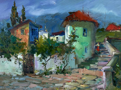 Vibrant impressionist oil painting of Yuriy Suprunchuk city street stairs