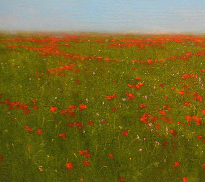 Oil painting of blooming red poppy field by Vasily Korkishko