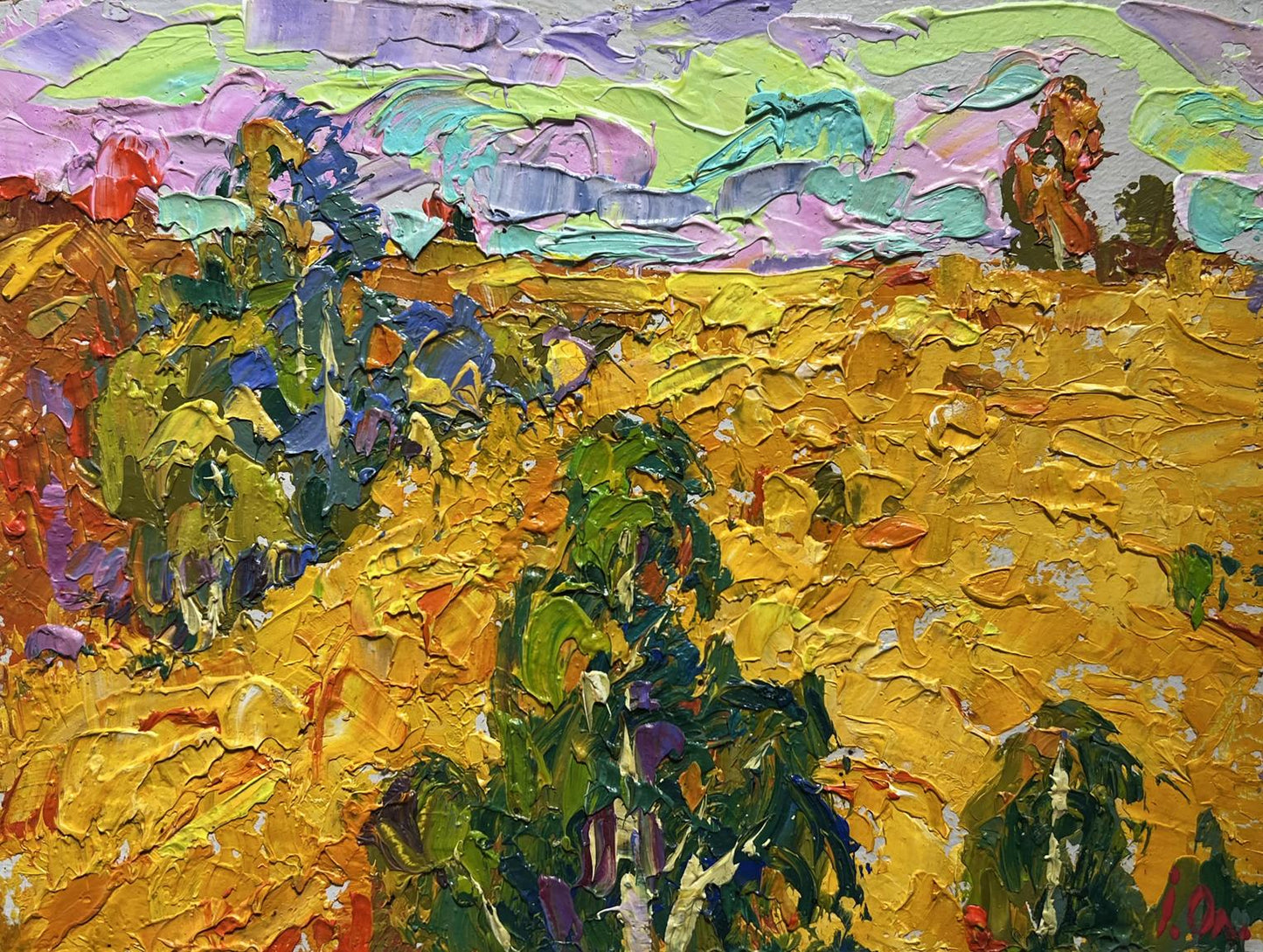 Vibrant impressionist oil painting Golden field among trees by Oleksiy Ivanyuk