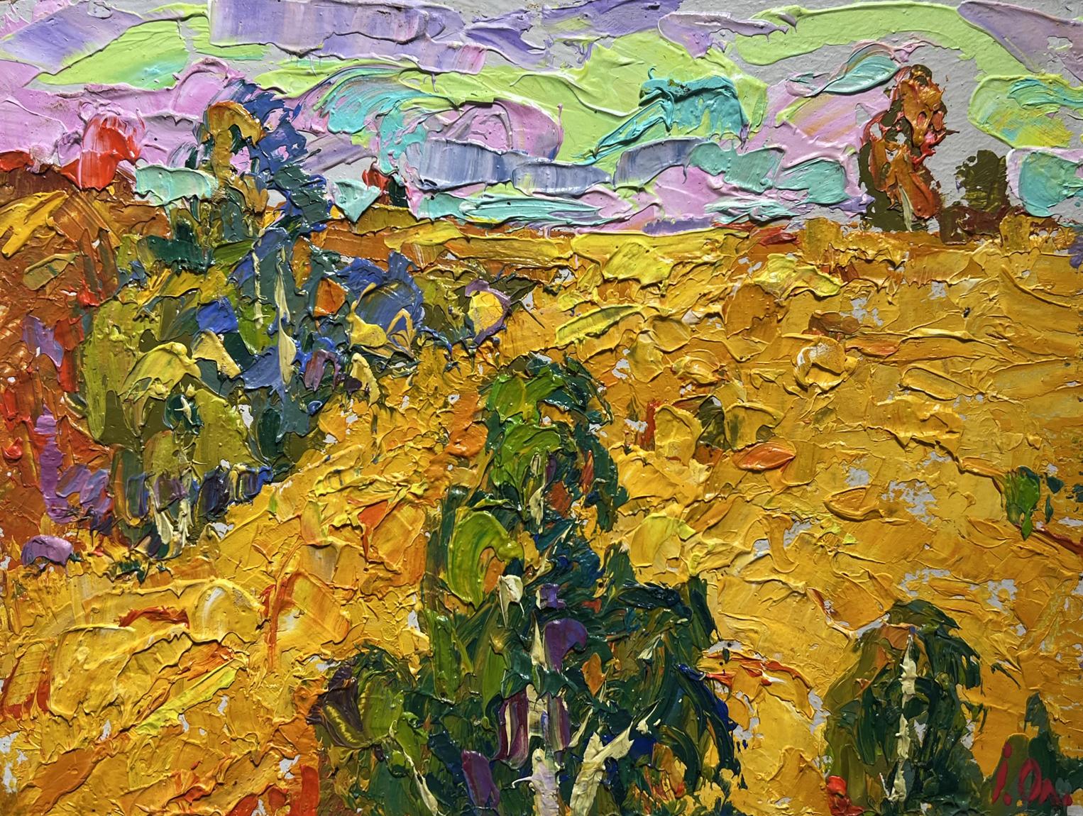 Vibrant impressionist oil painting Golden field among trees by Oleksiy Ivanyuk