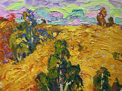 Vibrant impressionist oil painting Golden field among trees by Oleksiy Ivanyuk