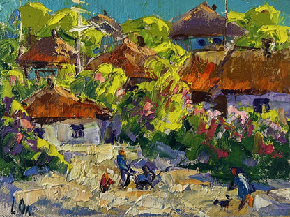 Vibrant impressionist oil painting by Oleksiy Ivanyuk of village with thatched roofs and lush greenery