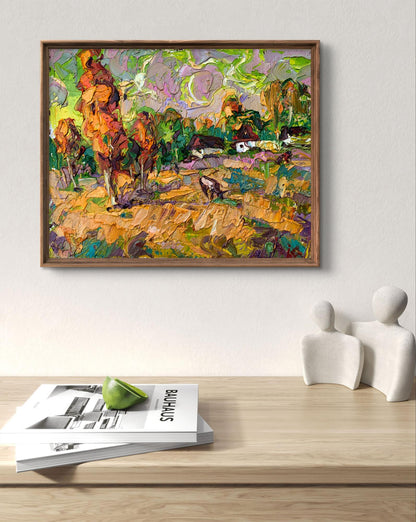 Oil painting The cows are grazing by Ivanyuk Oleksiy in wooden frame