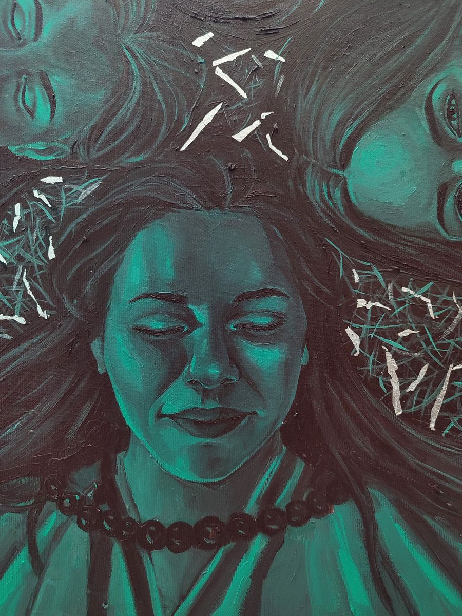 Teal-toned oil painting portrait of Harmonious Womens Oksana Sklym, woman with closed eyes and dark beaded necklace