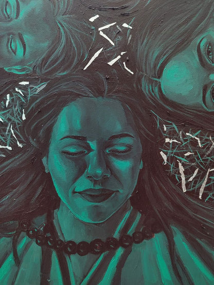 Teal-toned oil painting portrait of Harmonious Womens Oksana Sklym, woman with closed eyes and dark beaded necklace