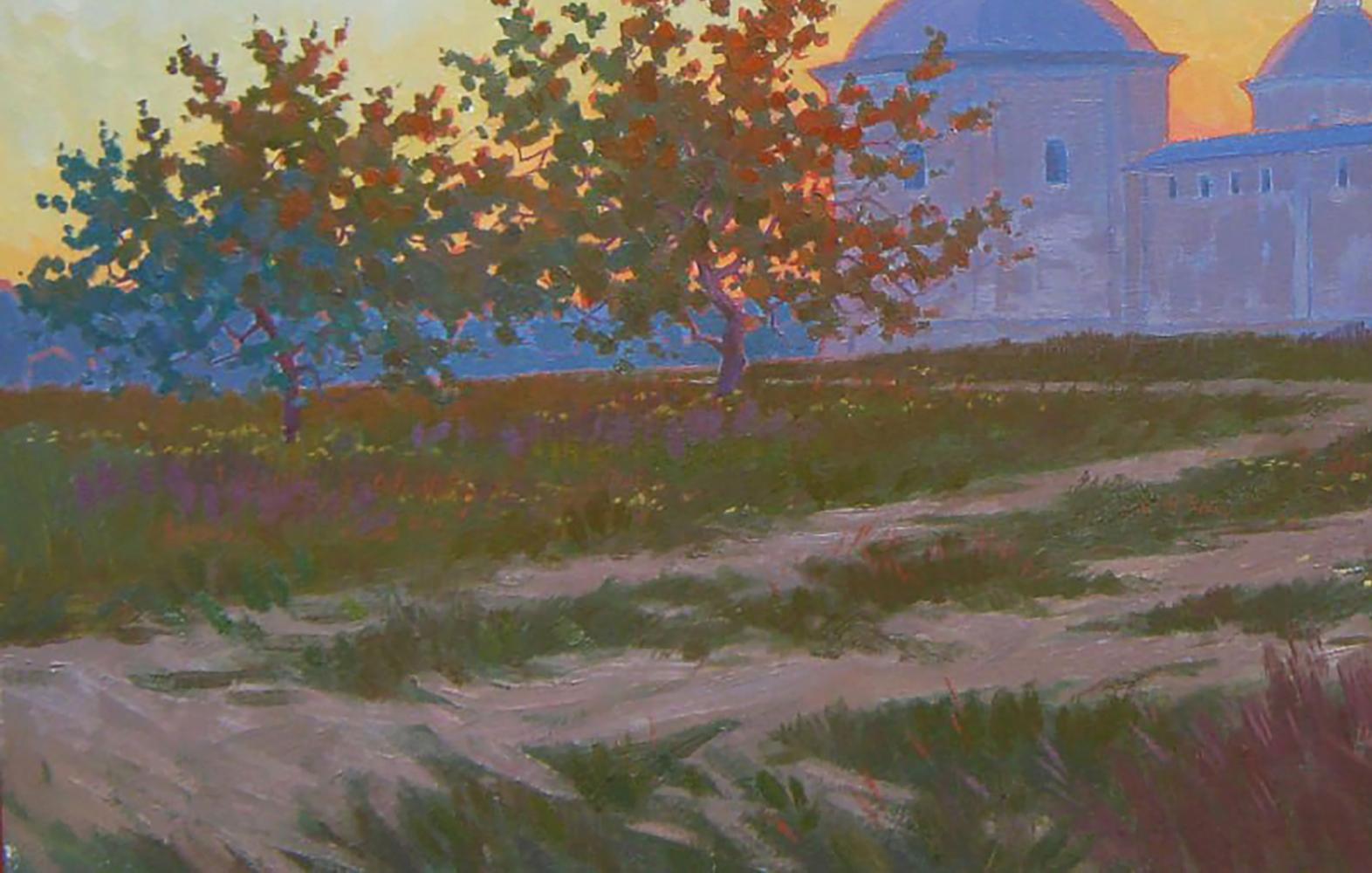 Oil painting The sun has set by Valery Savenets: sunset wildflower path