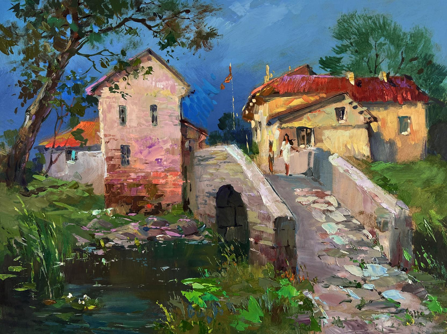 Oil painting of stone arch bridge to village by Yuriy Suprunchuk
