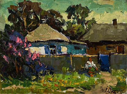 Oil painting Warm day in the village by Oksana Ivanyuk, rustic blue house in greenery
