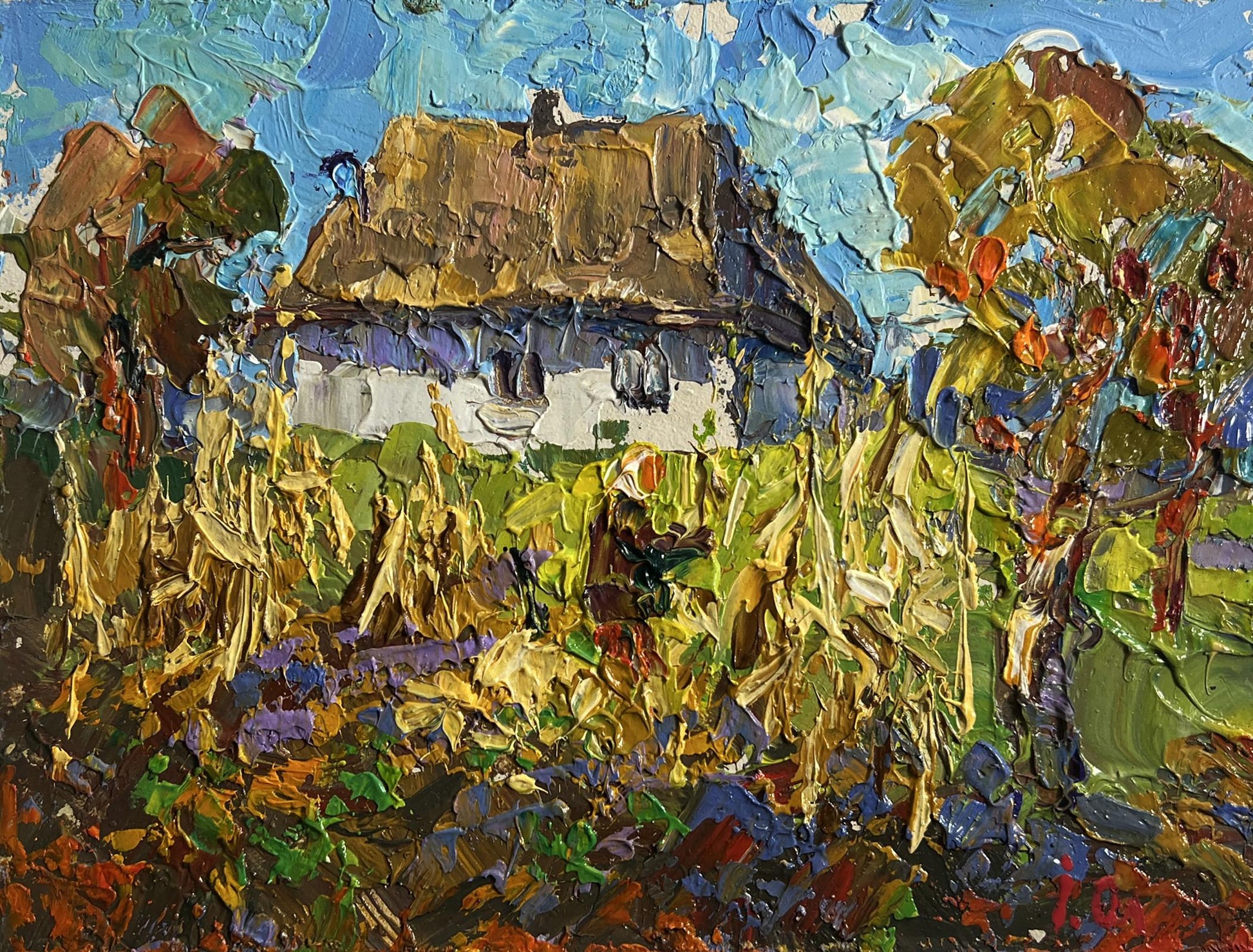 Oil painting Autumn gardening time by Oleksiy Ivanyuk: rustic white thatched house in autumn fields