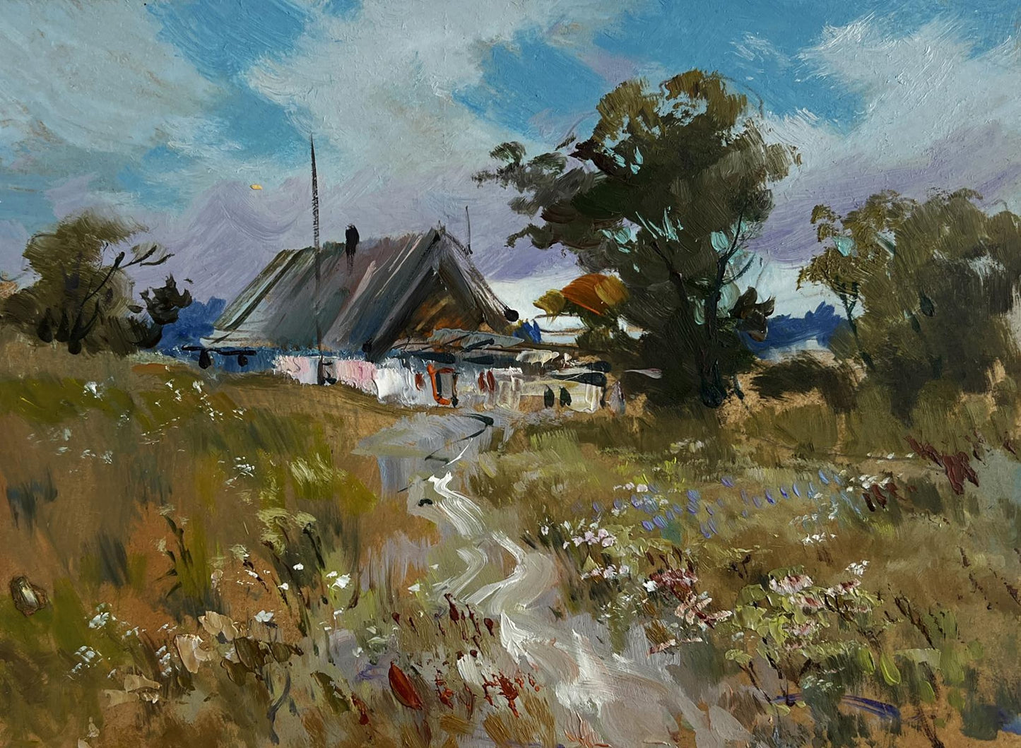 Oil painting by Yuriy Suprunchuk: rustic house amid wild flowers and trees