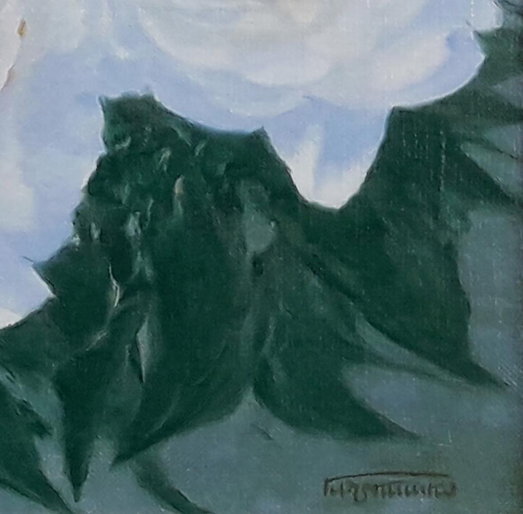 Oil painting of dark green textured mountains by Vasily Korkishko