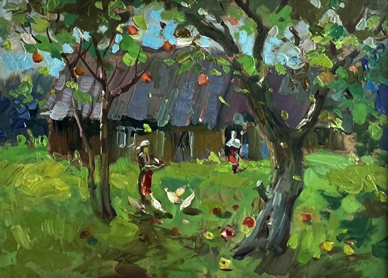 Oil painting of rustic thatched house under trees by Yuriy Suprunchuk