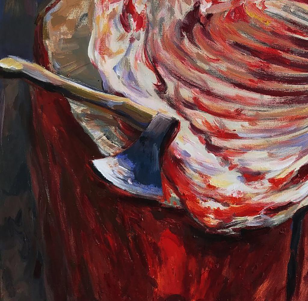 Oil painting of rustic axe on red surface by Leonid Pavlenko
