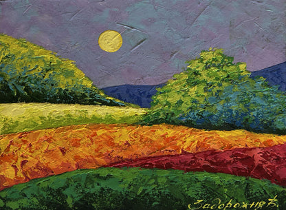Oil painting Harmony of Nature V. Zadorozhnya: vibrant green orange hills purple sky yellow moon
