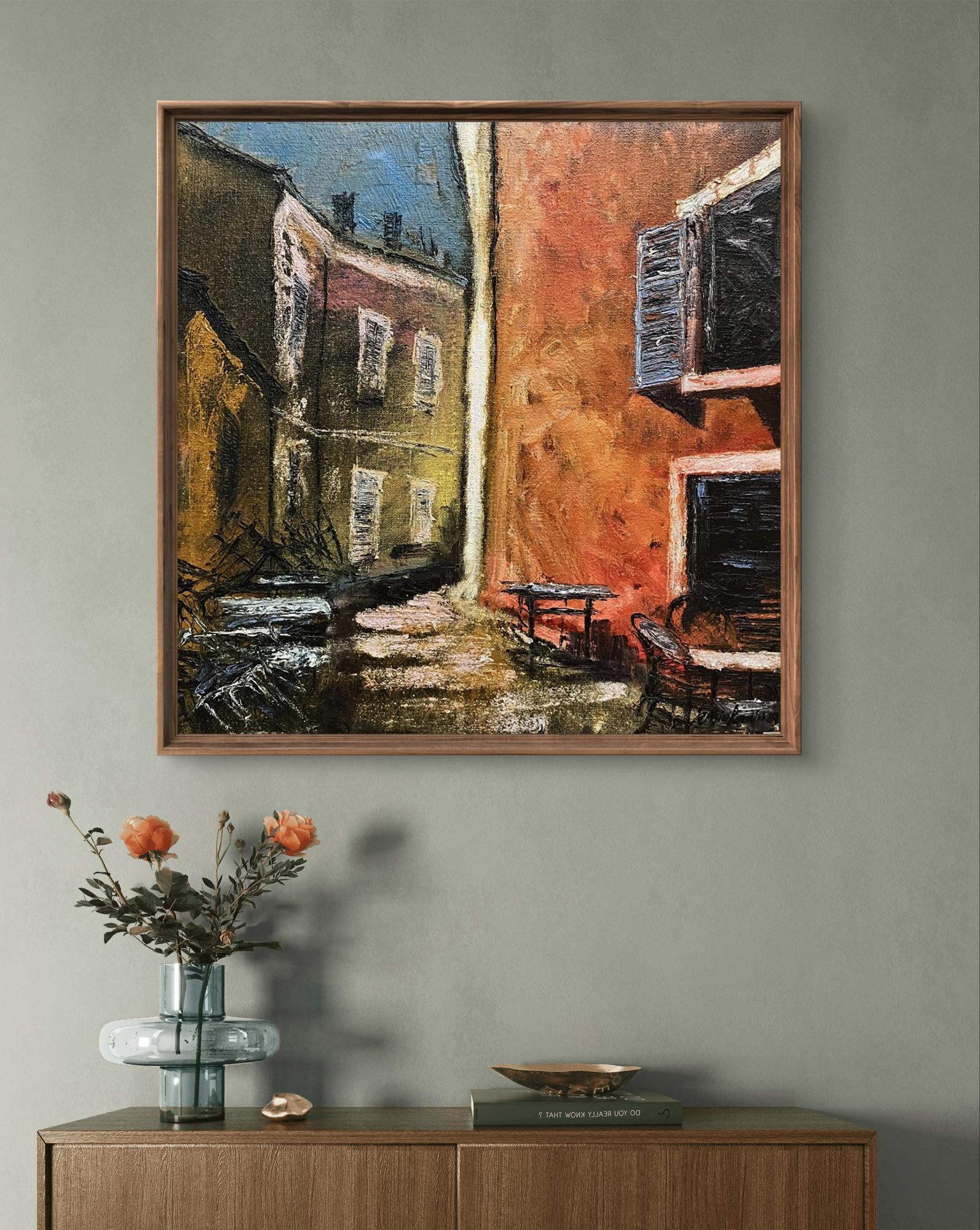 Oil painting Unchanging by Serhiy Kovalev: sunlit alleyway in warm earthy tones