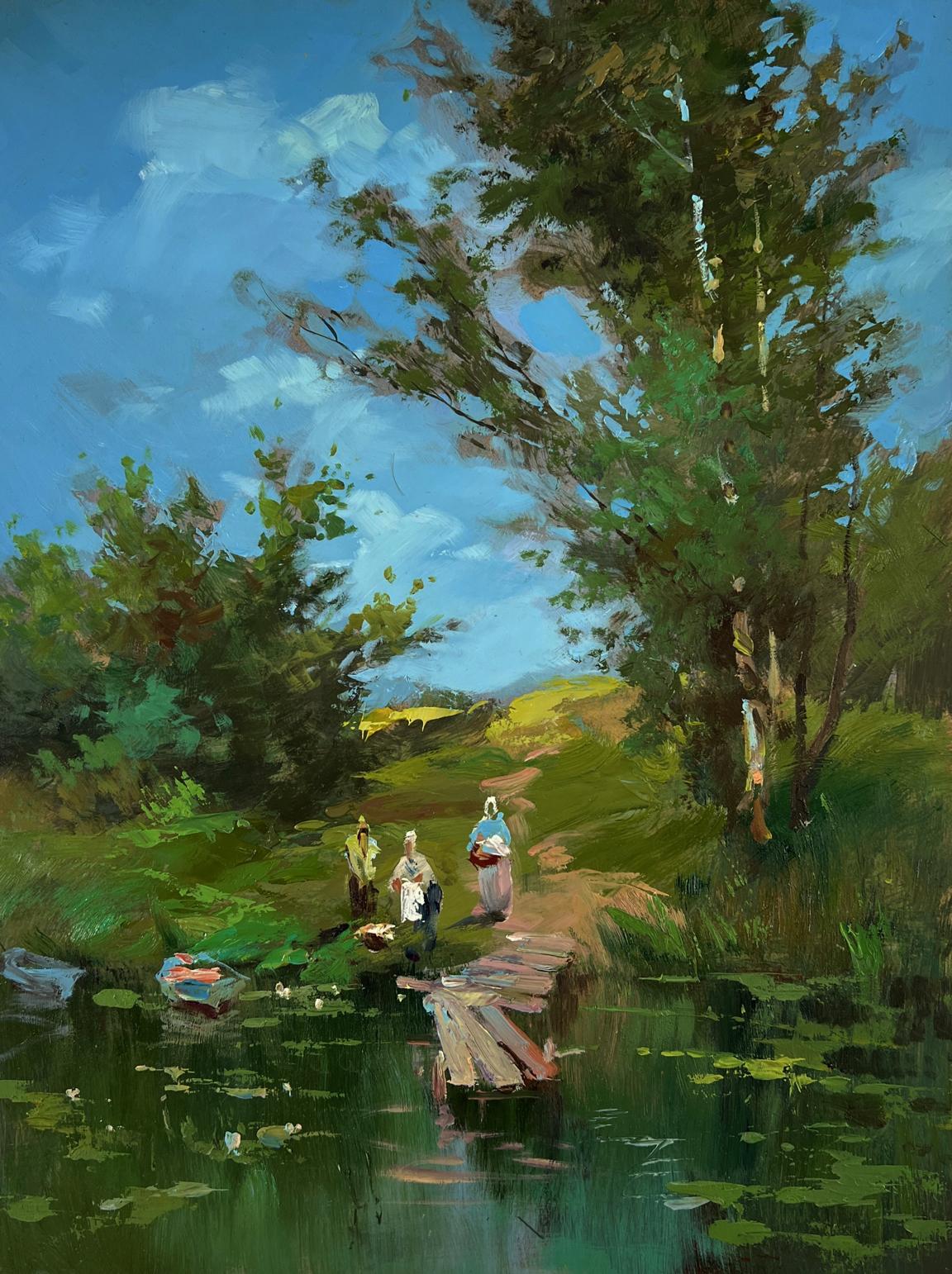 Oil painting At the village shore by Yuriy Suprunchuk: rustic dock in calm water