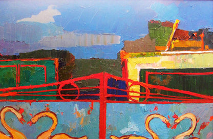 Vibrant oil painting Gates with swan patterns by Natalia Korf-Ivaniuk