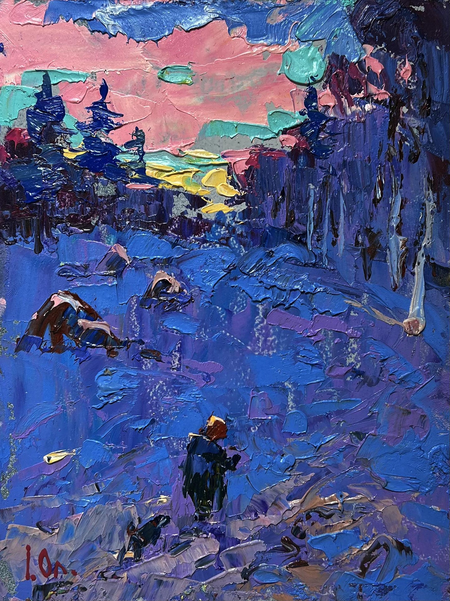 Oleksiy Ivanyuk oil painting: Frosty winter evening, lone figure in orange hat in blue landscape