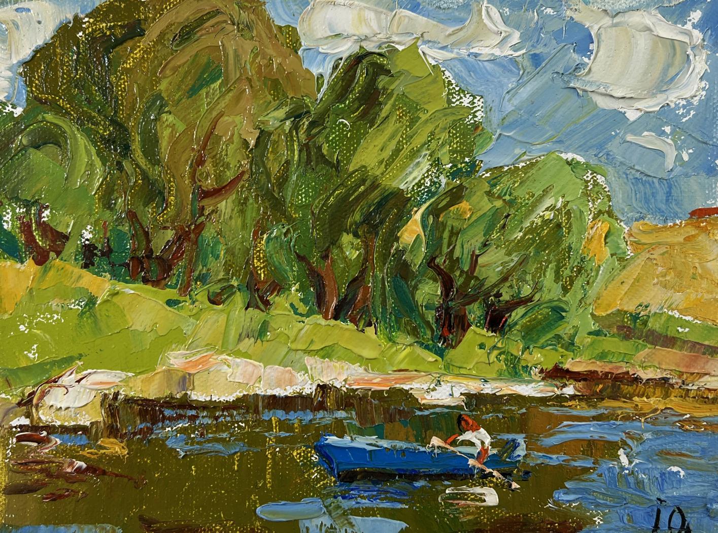 Oil painting Willows by the pond by Oleksiy Ivanyuk: blue rowboat on calm waters