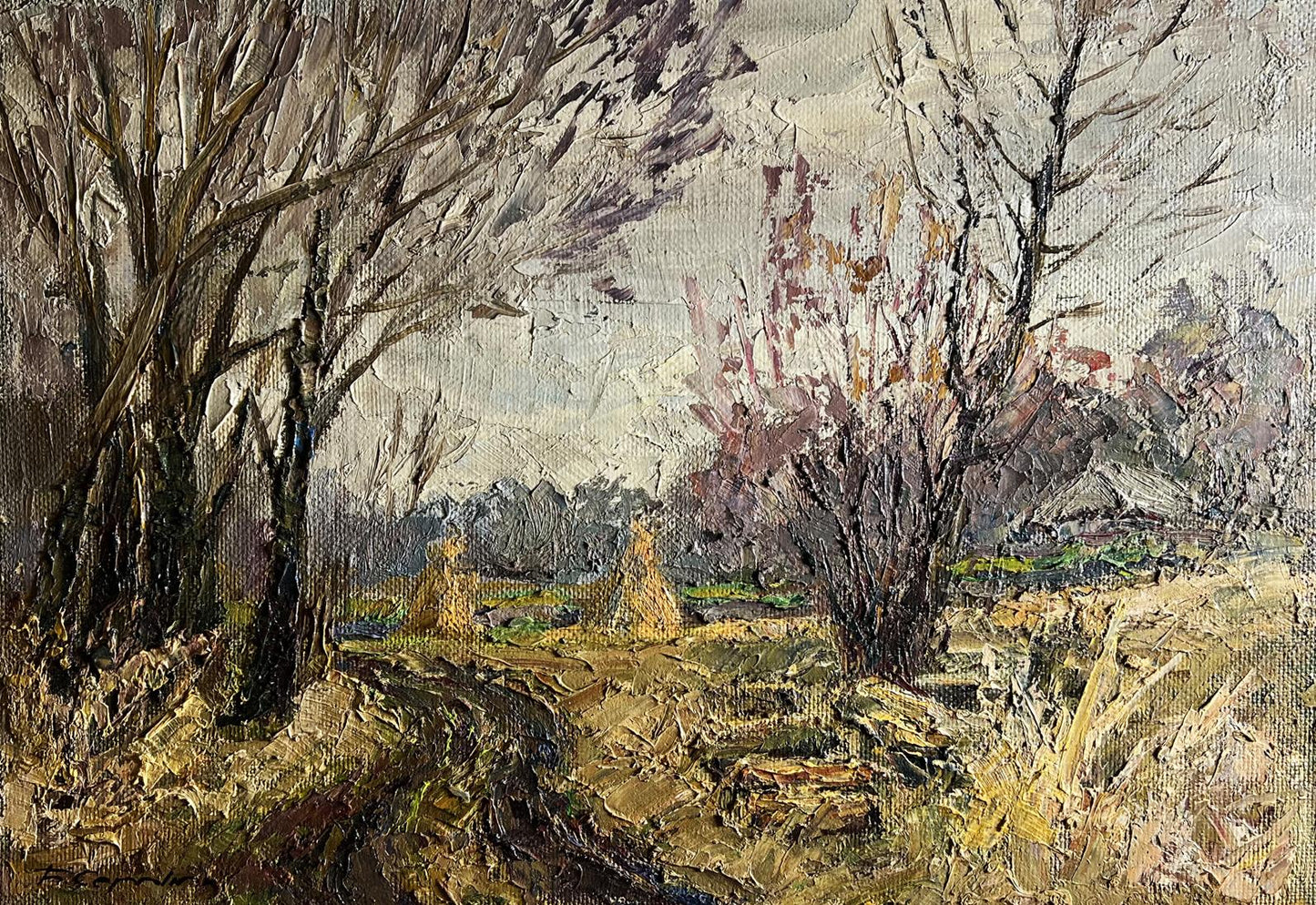 Oil painting Warm autumn days by Boris Serdyuk: rustic landscape with bare trees