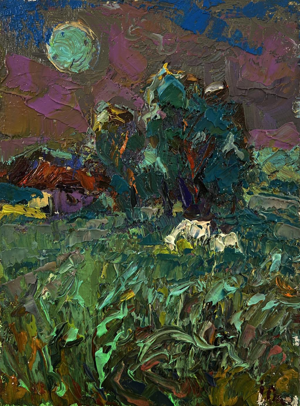 Vibrant impressionist oil painting The moon shines over the field by Oleksiy Ivanyuk