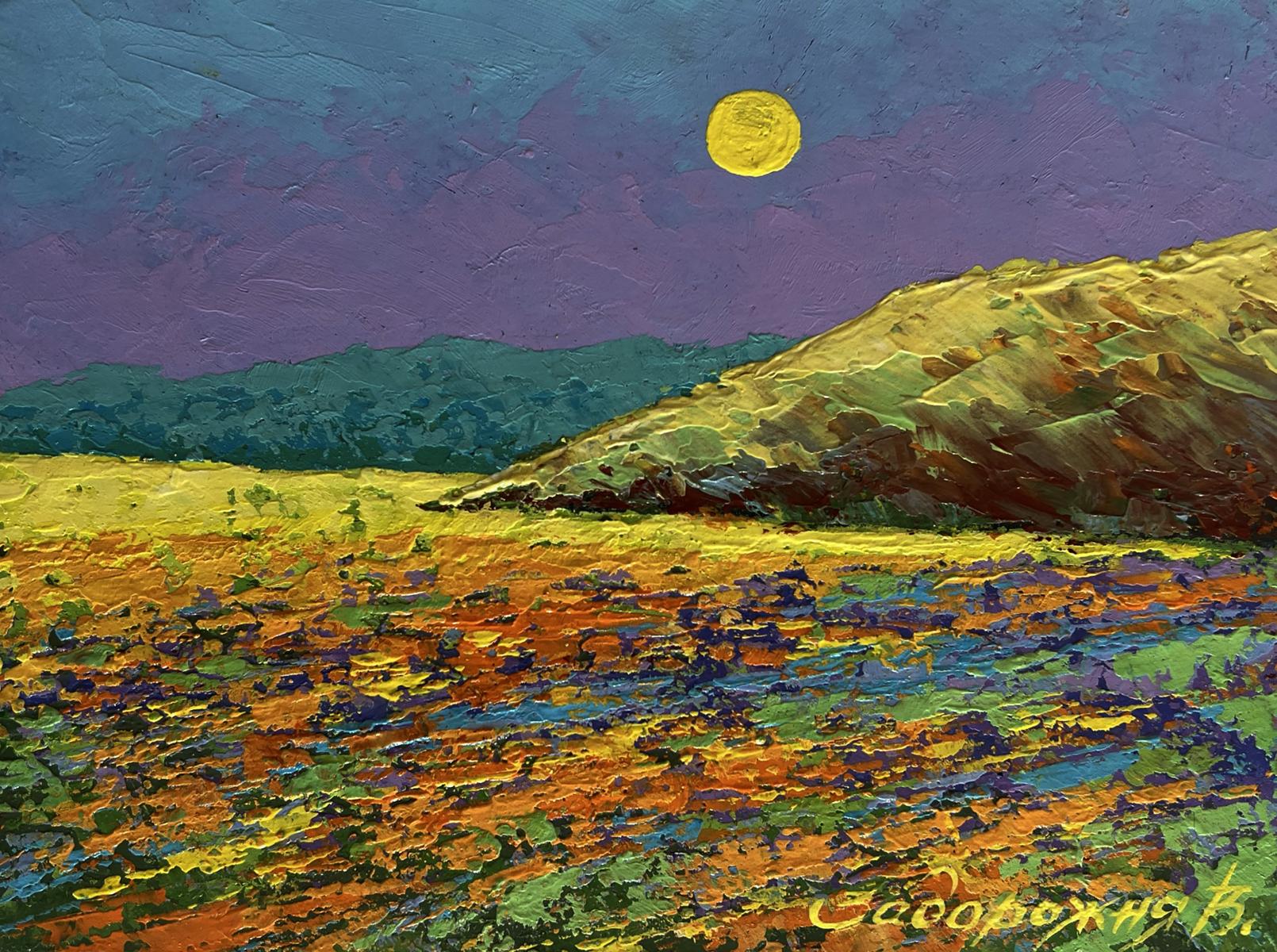 Vibrant oil painting of pink sunset in wildflower field by V. Zadorozhnya