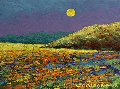 Vibrant oil painting of pink sunset in wildflower field by V. Zadorozhnya