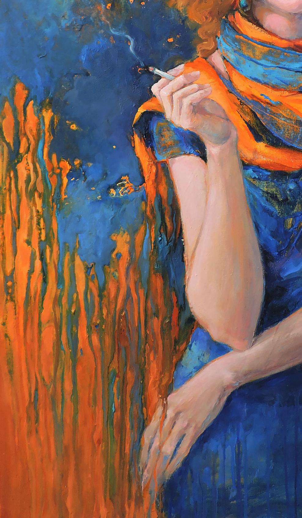 Oil painting of Oksana Osnach in blue orange scarf holding cigarette