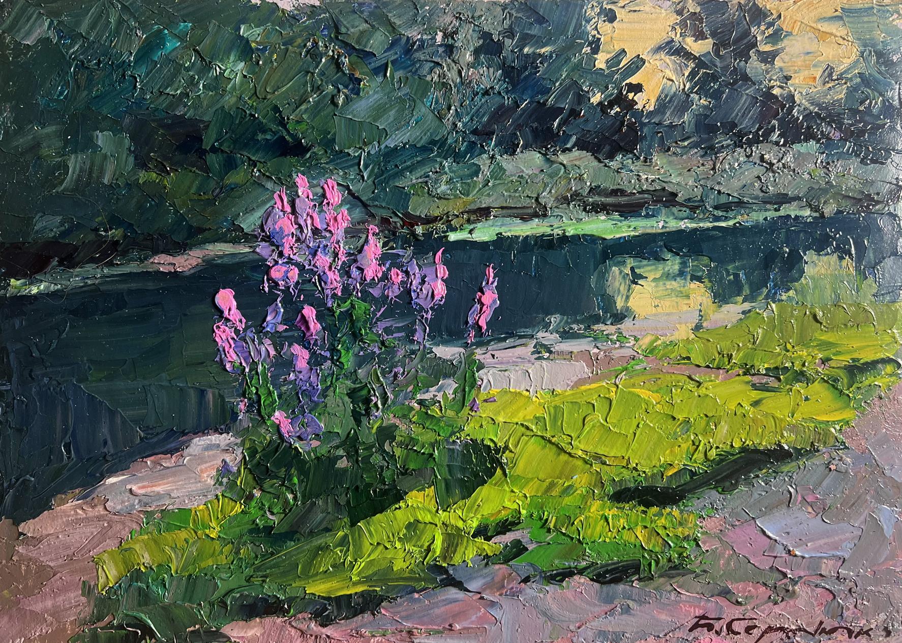 Oil painting Near the summer river by Boris Serdyuk with pink purple flowers