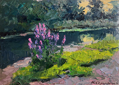 Oil painting Near the summer river by Boris Serdyuk with pink purple flowers