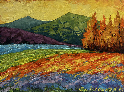 Vibrant impressionist oil painting by V. Zadorozhnya: Sunset tranquility of textured green, orange, purple mountains under golden sky